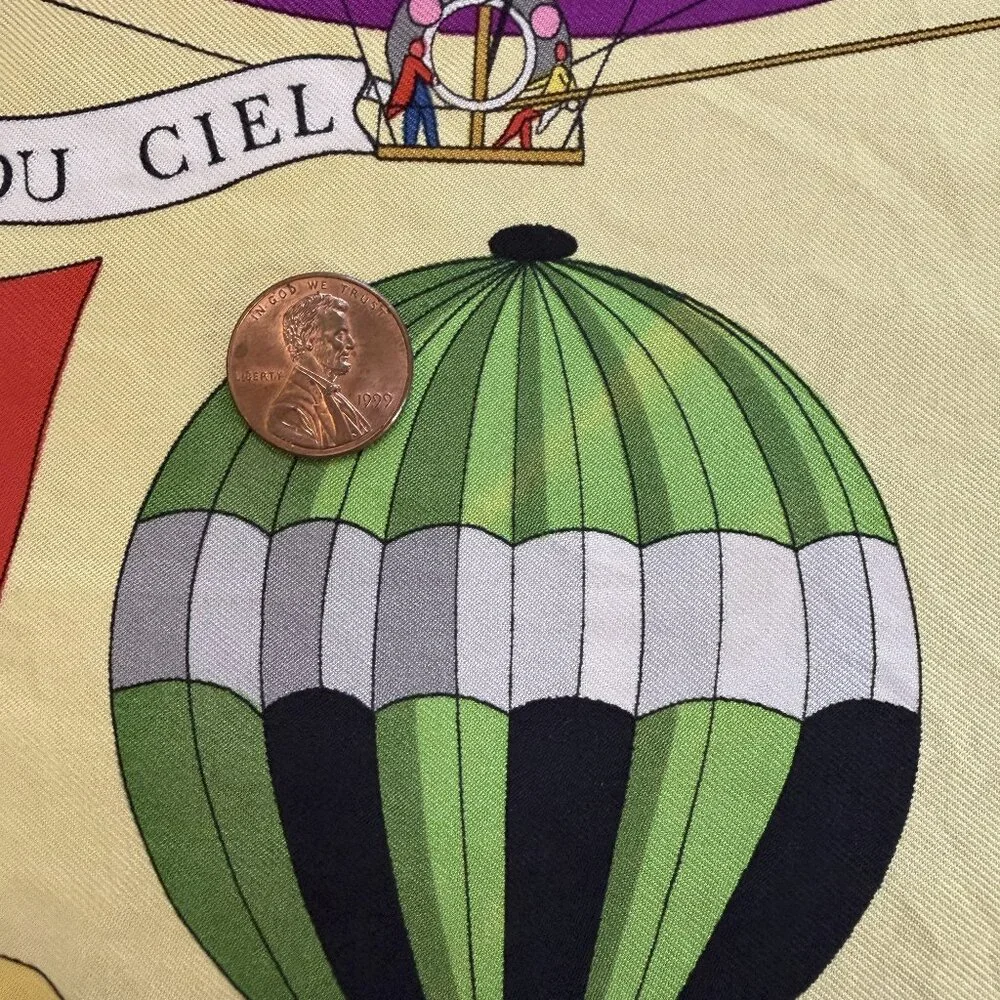 HERMES Vintage Les Folies du Ciel Yellow 90 cm Silk Square Scarf Box Good RARE - Picture 12 of 16